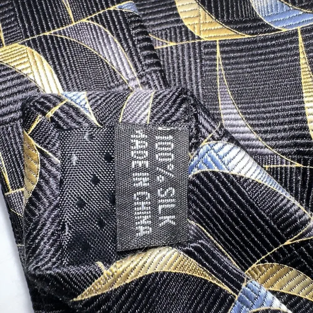 Fabio Fazio‎ Silk Tie 59” 4” Wide Black Gold Blue Geometric Handmade
